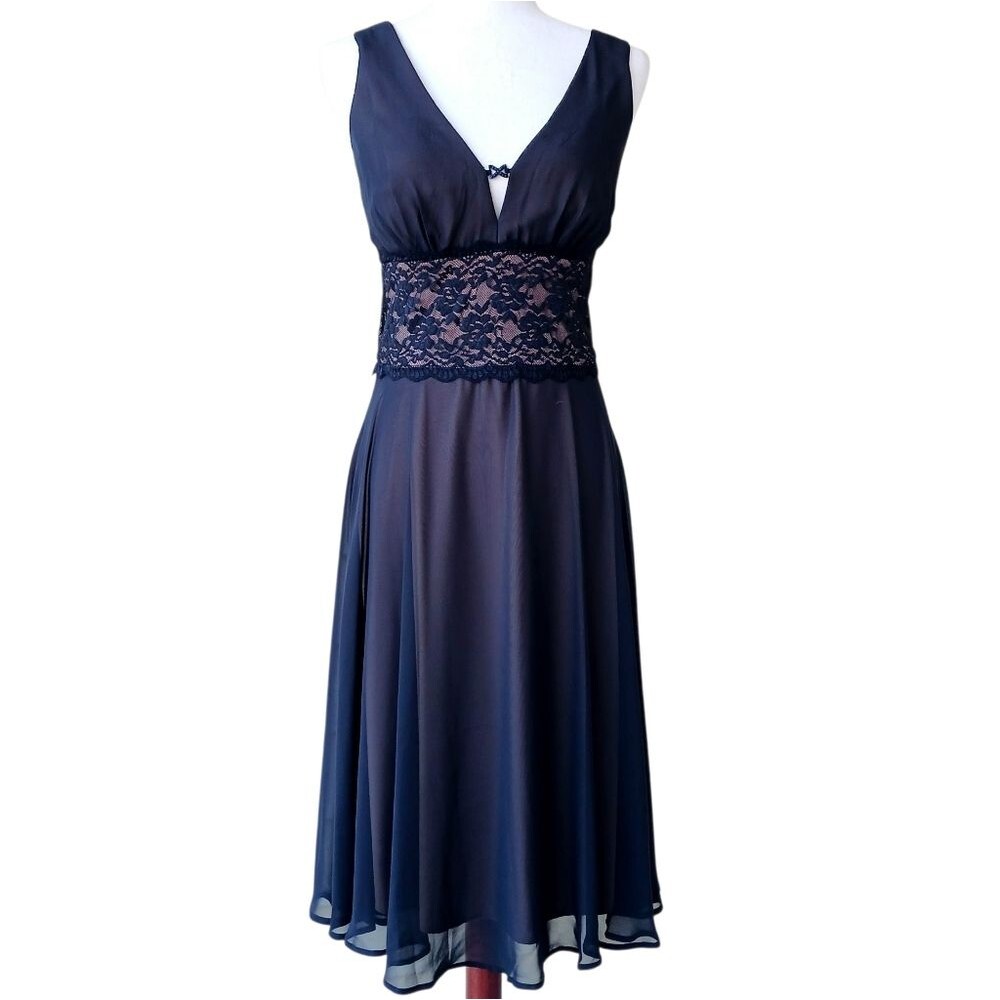 Y2K Dark Croquette Midi Cocktail Dress Lace Sheer Chiffon Black Size 12 - Picture 2 of 11